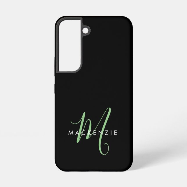 Elegant Modern Black Green Script Monogram Samsung Galaxy S22 Case (Back)
