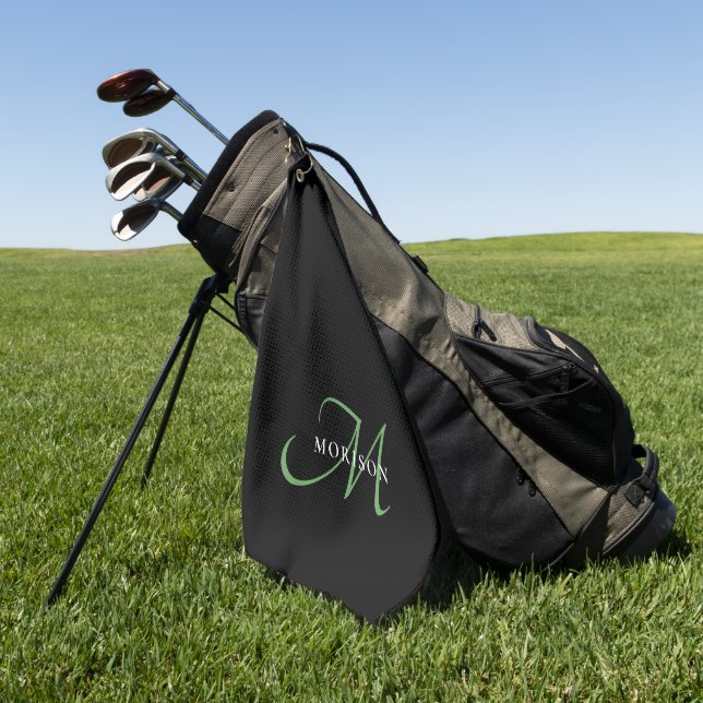 Elegant Modern Black GreenScript Monogram Golf Towel (Green)