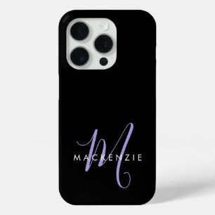 Elegant Modern Black Lavender Script Monogram iPhone 15 Pro Case