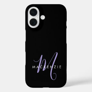 Elegant Modern Black Lavender Script Monogram iPhone 16 Case
