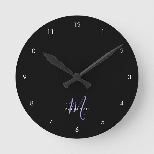 Elegant Modern Black Lavender Script Monogram Round Clock (Front)