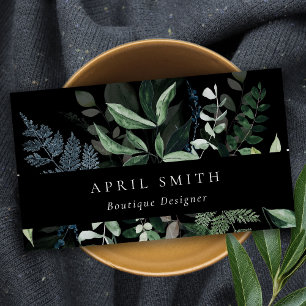Elegant Modern Black Leafy Tropical Foliage Fern Business Card