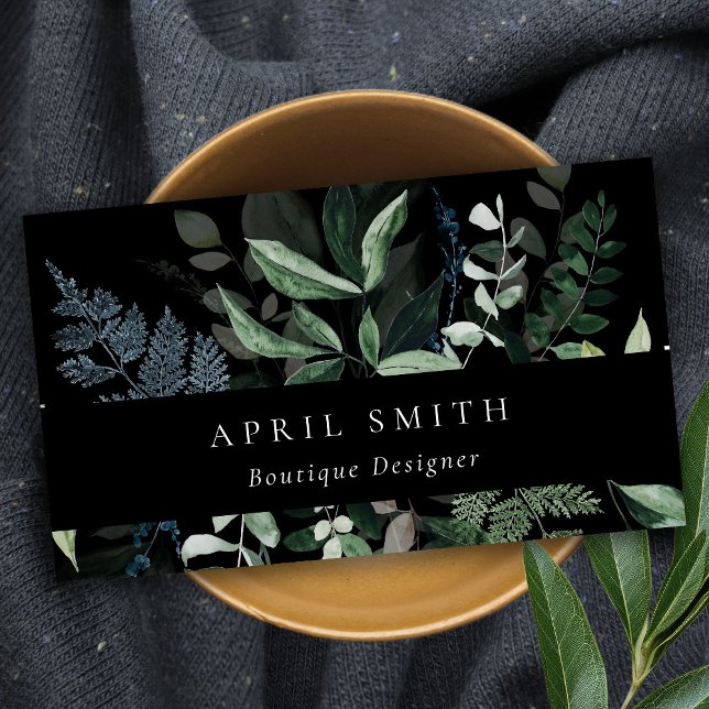 Elegant Modern Black Leafy Tropical Foliage Fern  Business Card (Creator Uploaded)