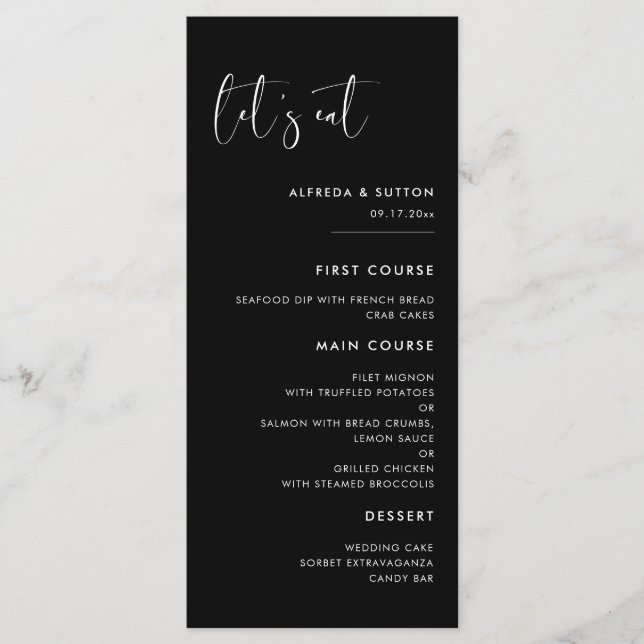 Elegant & modern black Let's eat wedding Menu (Front)