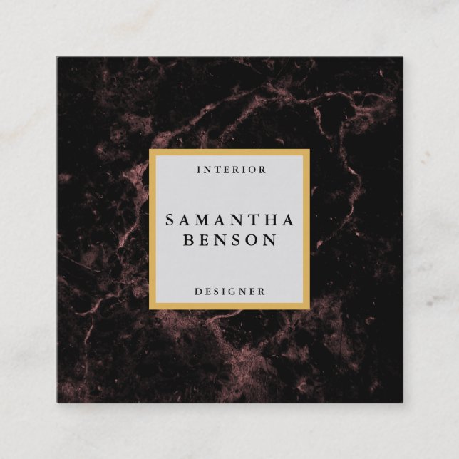 Elegant Modern Black Marble Faux Gold Frame Square Business Card (Front)