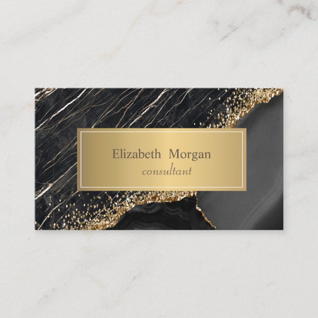 Elegant Modern Black Marble Gold Sequins Business Card (Front)
