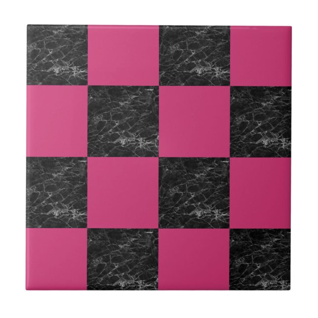 Elegant modern black marble hot pink chequered tile (Front)