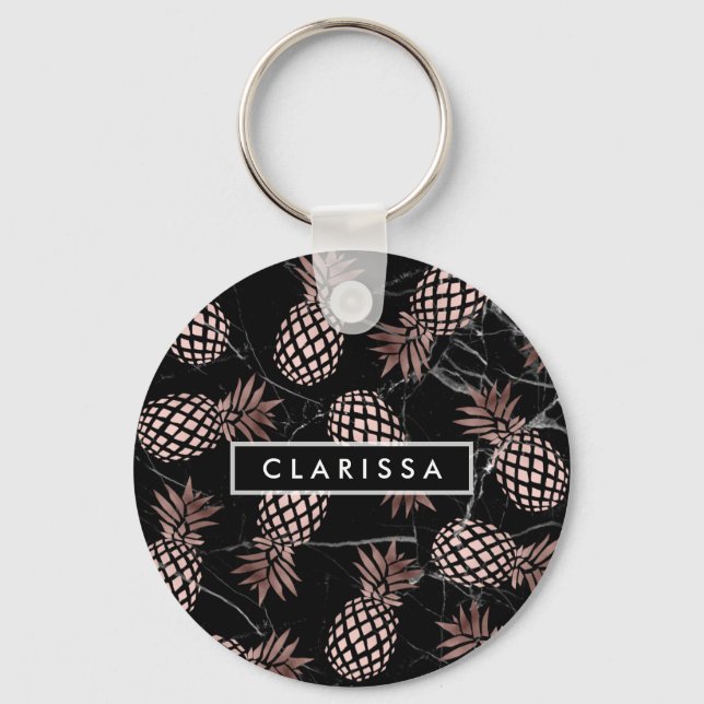 elegant modern black marble rose gold pineapple key ring (Front)