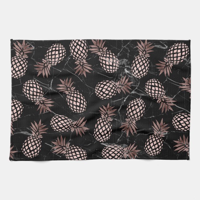 elegant modern black marble rose gold pineapple tea towel (Horizontal)