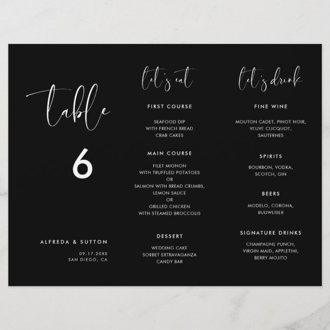 Elegant & Modern Black Menu Table number trifold (Front)