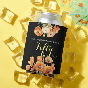 Elegant Modern Black Orange Floral 50th Birthday Can Cooler