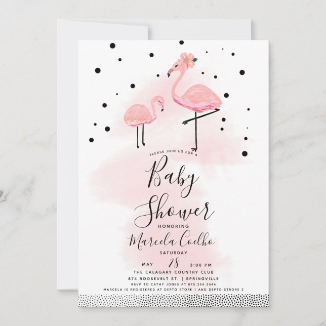 Elegant Modern Black & Pink Flamingo Baby Shower Invitation (Front)