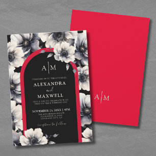 Elegant Modern Black Red Floral Wedding Invitation