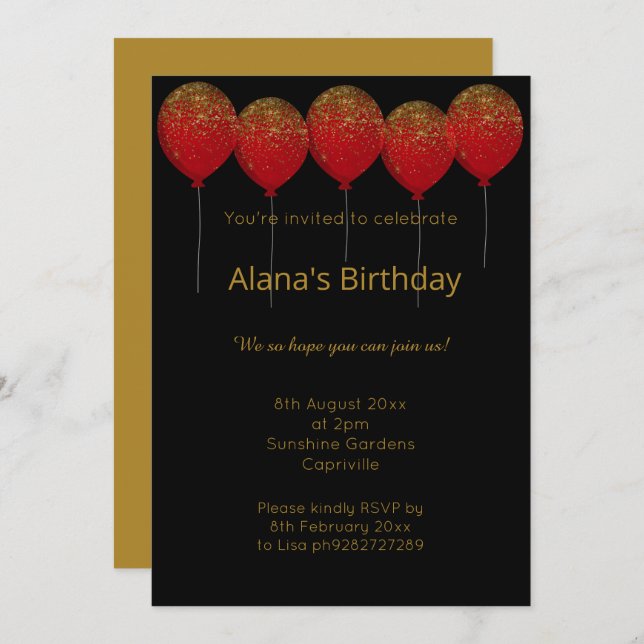ELEGANT MODERN BLACK RED GOLD INVITATION (Front/Back)