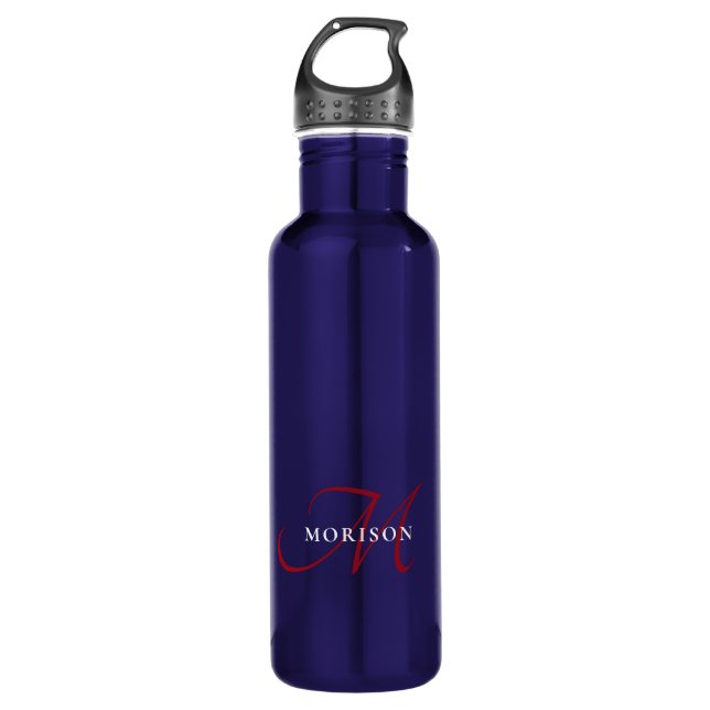 Elegant Modern Black Red Script Monogram 710 Ml Water Bottle (Front)