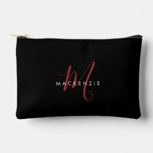 Elegant Modern Black Red Script Monogram Accessory Pouch