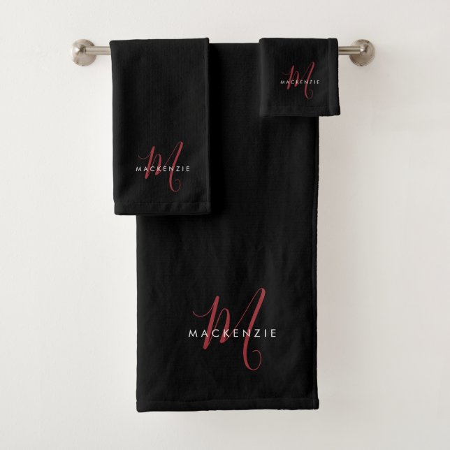 Elegant Modern Black Red Script Monogram Bath Towel Set (Insitu)