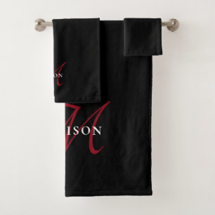 Elegant Modern Black Red Script Monogram Bath Towel Set