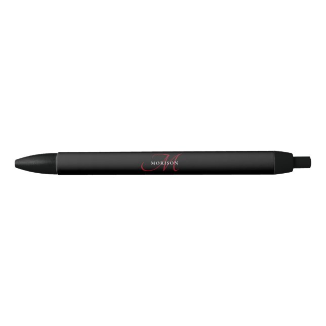 Elegant Modern Black Red Script Monogram Black Ink Pen (Front)