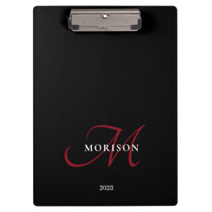 Elegant Modern Black Red Script Monogram Clipboard