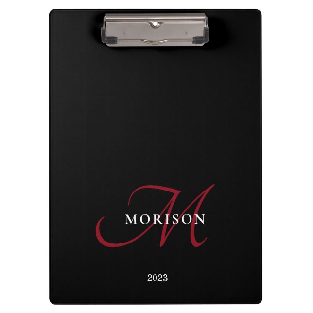 Elegant Modern Black Red Script Monogram Clipboard (Front)
