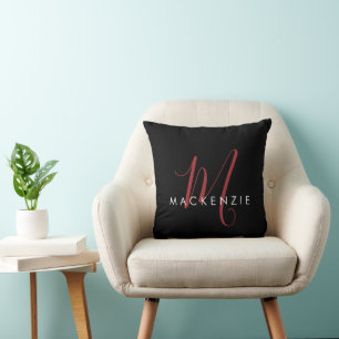 Elegant Modern Black Red Script Monogram Cushion