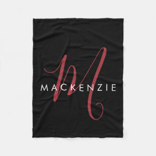 Elegant Modern Black Red Script Monogram Fleece Blanket