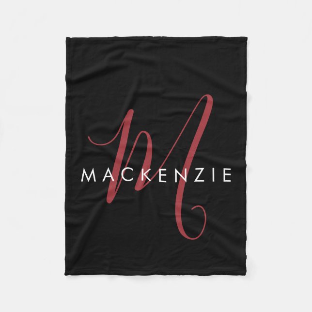 Elegant Modern Black Red Script Monogram Fleece Blanket (Front)