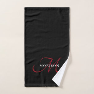 Elegant Modern Black Red Script Monogram Hand Towel