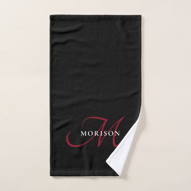 Elegant Modern Black Red Script Monogram Hand Towel (Hand Towel)