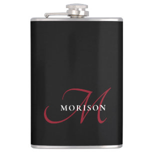 Elegant Modern Black Red Script Monogram Hip Flask