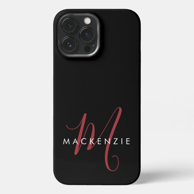 Elegant Modern Black Red Script Monogram iPhone Case (Back)