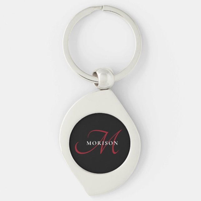 Elegant Modern Black Red Script Monogram Key Ring (Front)