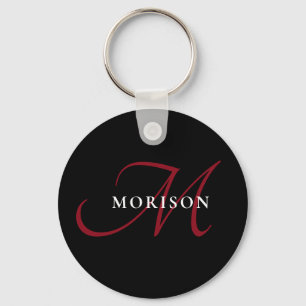 Elegant Modern Black Red Script Monogram Key Ring