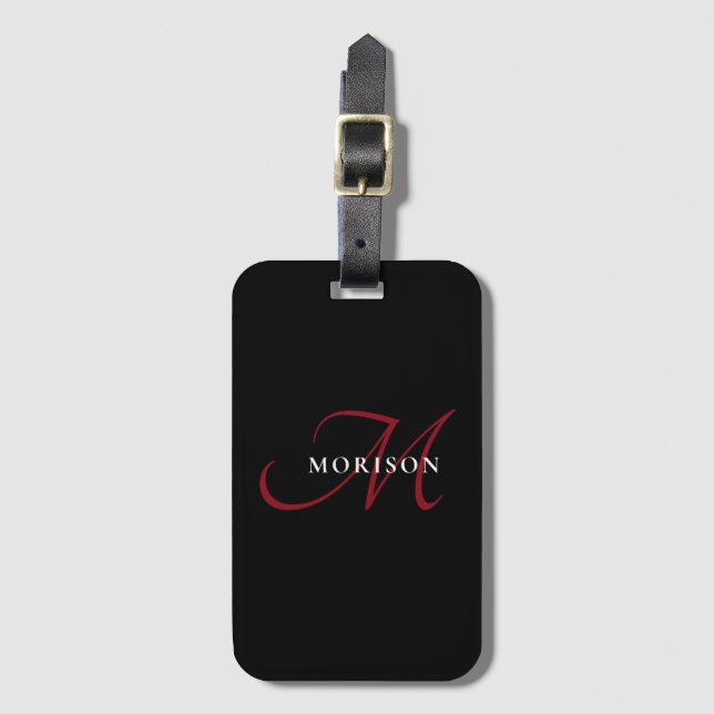 Elegant Modern Black Red Script Monogram Luggage Tag (Front Vertical)