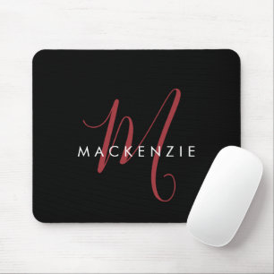 Elegant Modern Black Red Script Monogram Mouse Pad