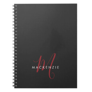 Elegant Modern Black Red Script Monogram Notebook