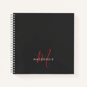 Elegant Modern Black Red Script Monogram Notebook