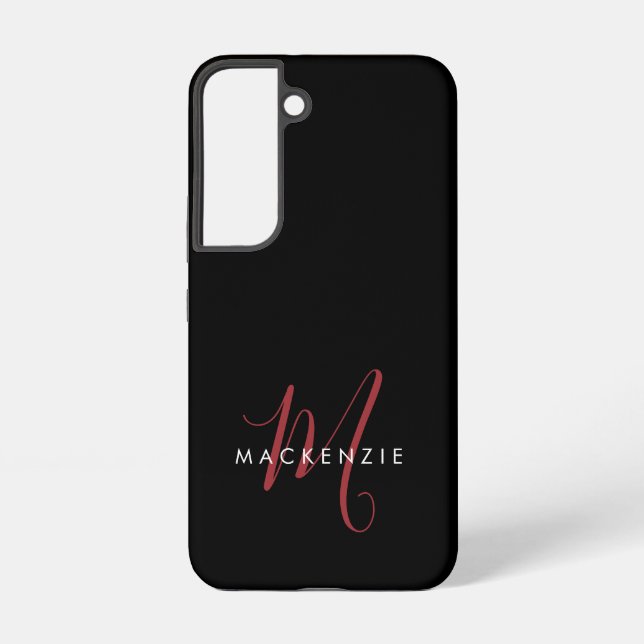 Elegant Modern Black Red Script Monogram Samsung Galaxy S22 Case (Back)