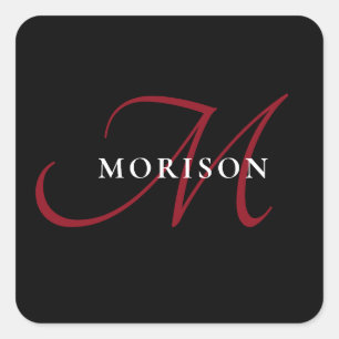 Elegant Modern Black Red Script Monogram Square Sticker