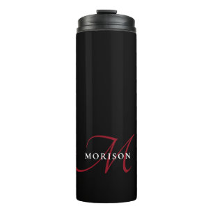 Elegant Modern Black Red Script Monogram Thermal Tumbler