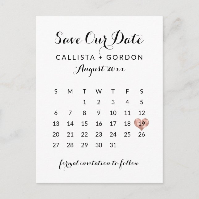 Elegant Modern Black Rose Gold Heart Calendar Announcement Postcard (Front)