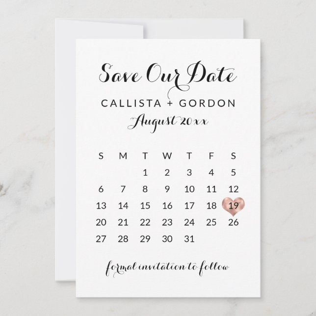 Elegant Modern Black Rose Gold Heart Calendar Save The Date (Front)