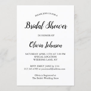 Elegant, Modern Black Script White Bridal Shower Invitation