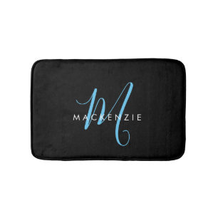 Elegant Modern Black Sky Blue Script Monogram Bath Mat