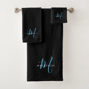 Elegant Modern Black Sky Blue Script Monogram Bath Towel Set
