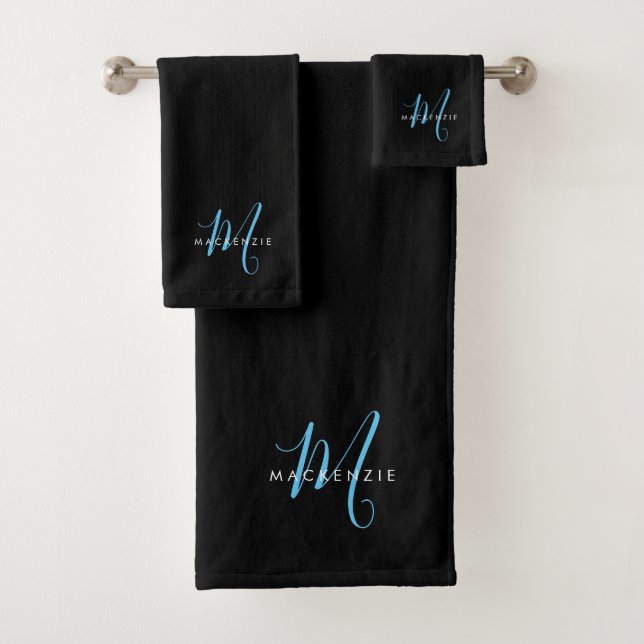 Elegant Modern Black Sky Blue Script Monogram Bath Towel Set (Insitu)
