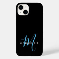 Elegant Modern Black Sky Blue Script Monogram