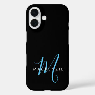 Elegant Modern Black Sky Blue Script Monogram iPhone 16 Case