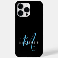 Elegant Modern Black Sky Blue Script Monogram